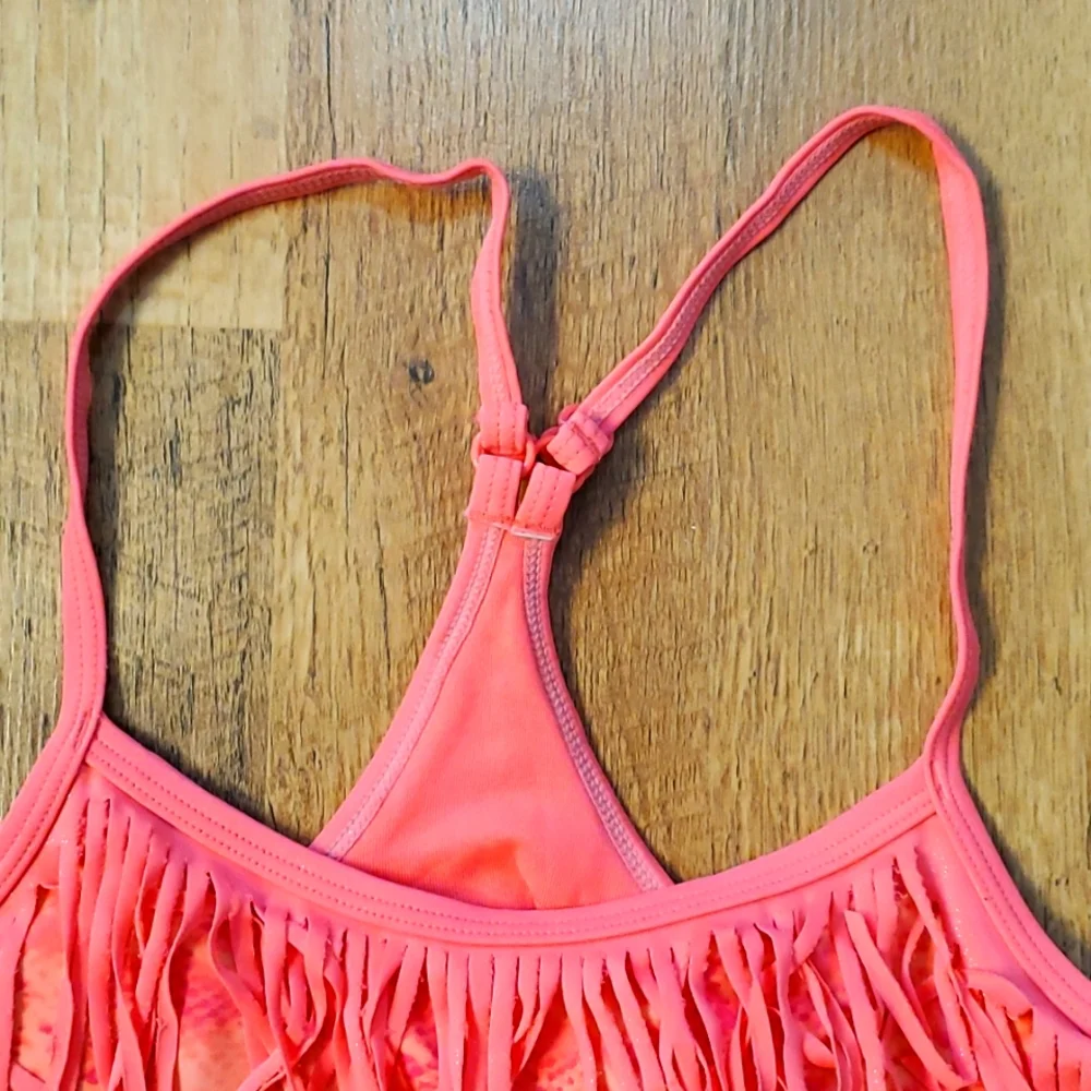 Justice Fluorescent Coral Fringed Swim Bikini Top Size 14‎ Girl